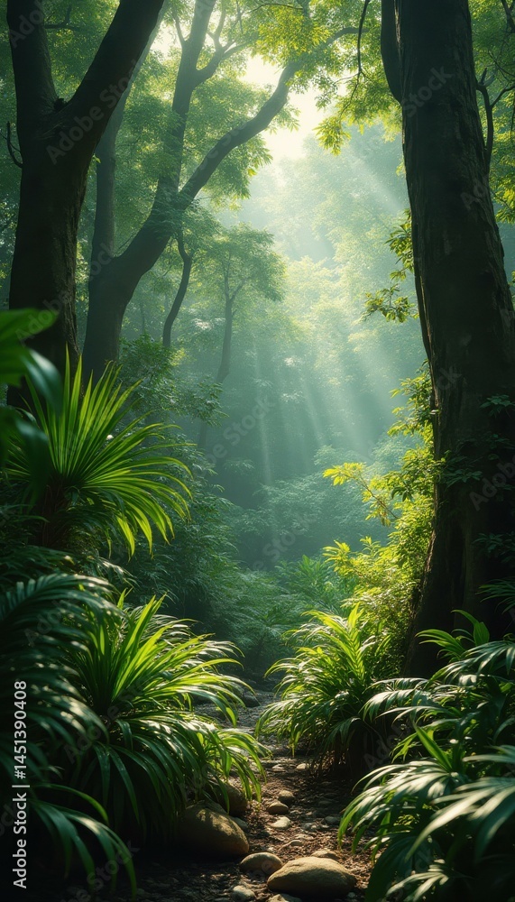 Poster sunlit forest path: lush greenery and tranquil pathway in a dense woodland environment