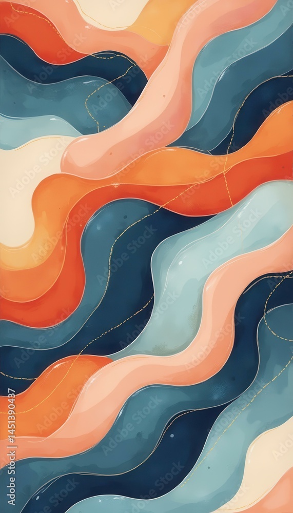 Poster abstract waves of teal, orange, and beige intersect with subtle golden threads creating a dreamy, fl
