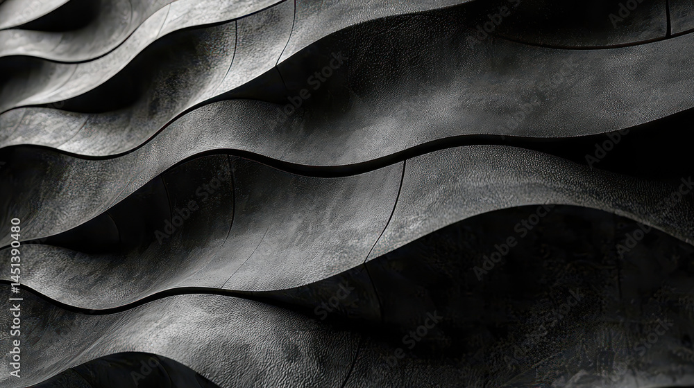 Poster a realistic 4k geometric abstraction presents a 3d background of side view with detailed gray wave p