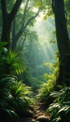 Sunlit Forest Path: Lush Greenery and Tranquil Pathway in a Dense Woodland Environment