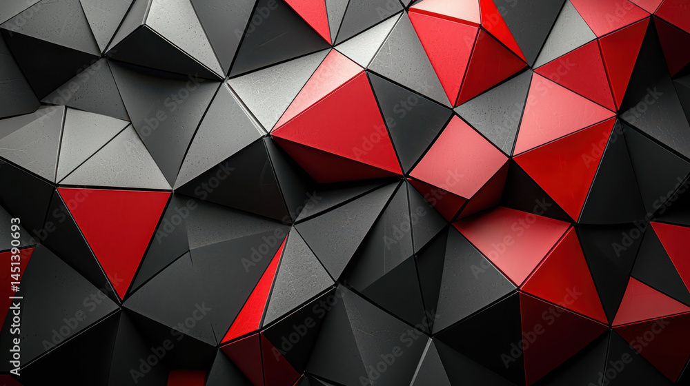Poster realistic 4k 3d background featu an abstract geometric design with red and black triangular facets c