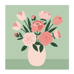 Stylized Floral Arrangement with Pink Tulips and Roses in a Pink Vase