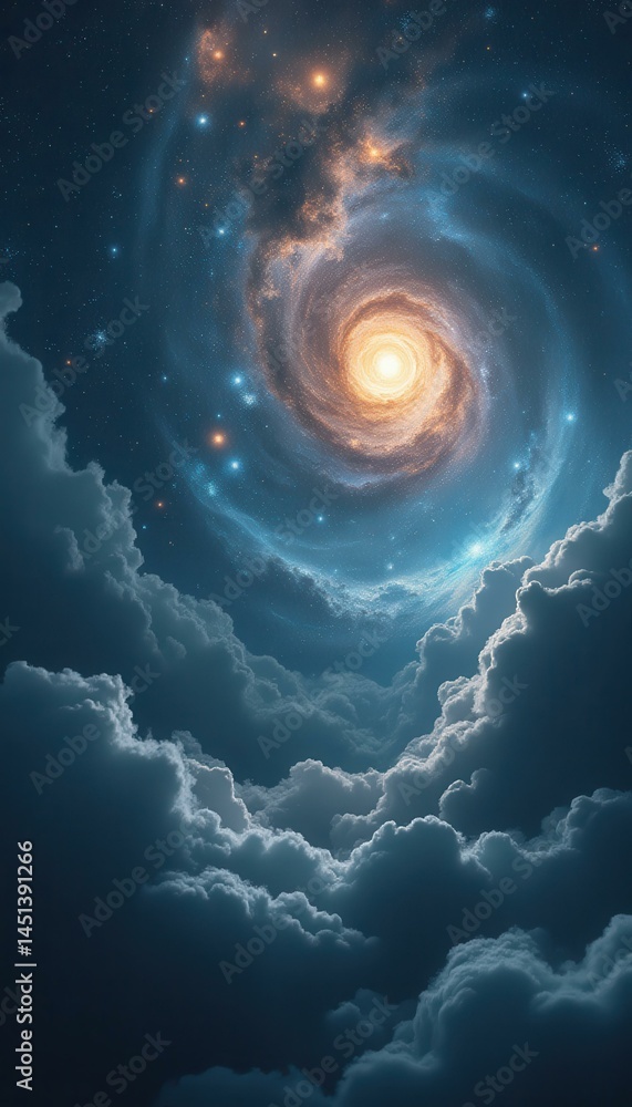 Poster cosmic swirl: ethereal nightscape with a spiraling galaxy emerging from celestial clouds, illuminate