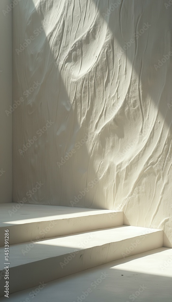 Poster Minimalist architecture with textured walls and steps bathed in sunlight, creating a serene and modern space for artistic photography