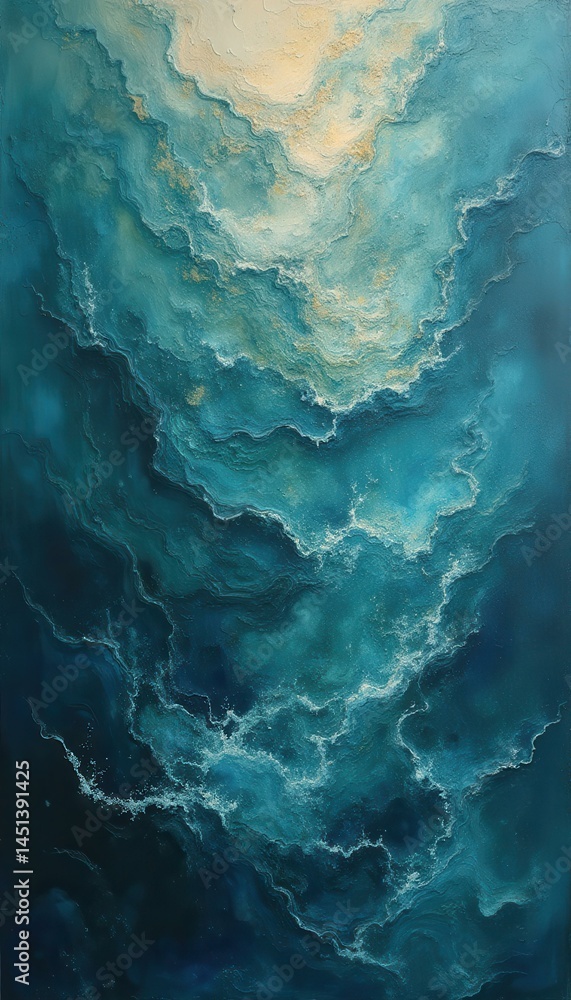 Poster Abstract painting showcasing dynamic swirling patterns in shades of blue, teal, and gold, creating a sense of depth and movement.