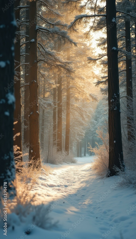 Poster winter forest path with sunlight streaming through snow-covered trees