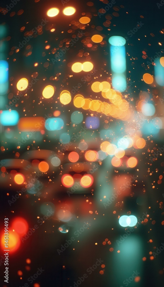 Aufkleber night city lights viewed through a wet window creates a bokeh effect with blurred cars and colorful 