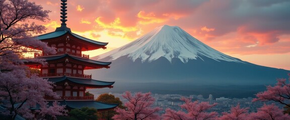 Pagoda and Snowy Peak: Serene Scenery with Pagoda at Sunrise. Nature's Majestic Landscape in Calm Colors with Cherry Blossoms