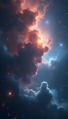 Naklejka premium Dramatic Sky with Fiery Clouds and Glimmering Stars Creates a Fantasy Cosmic Atmosphere