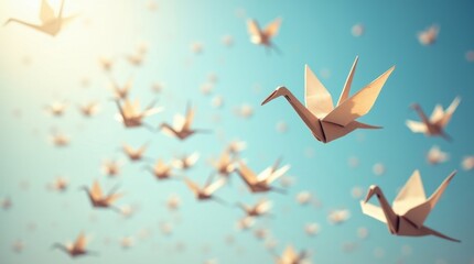 Celebrate world laughter day with joyful origami cranes in a bright sky nature inspired uplifting concept