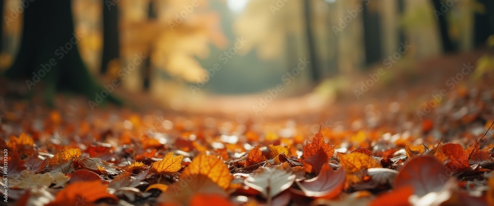 Poster forest floor covered in vibrant autumn leaves with soft focus background featuring trees and path