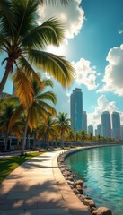Obraz premium Tropical Paradise Promenade: Palm-Lined Waterfront Walkway with Modern Architecture and Tranquil Turquoise Water