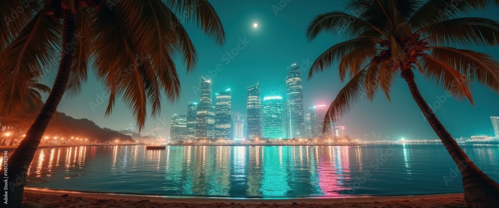 Aufkleber tranquil nightscape: palm trees frame a futuristic cityscape reflecting on calm water under a soft m