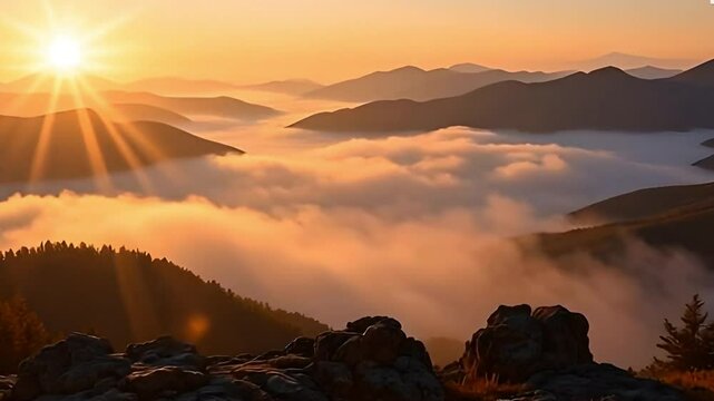 Video of a view of a stretch of clouds in the mountains at sunrise