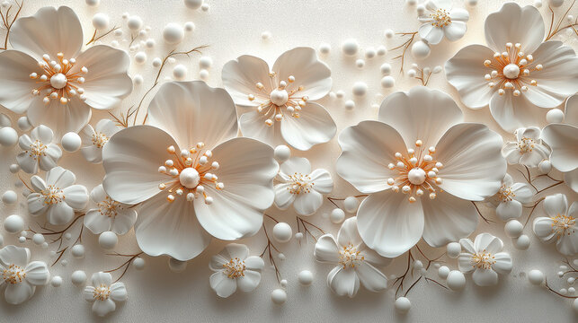A beautiful 3D floral background featu realistic white flowers and spheres, presented in 4K resolution with a side angle view for stunning visual appeal.