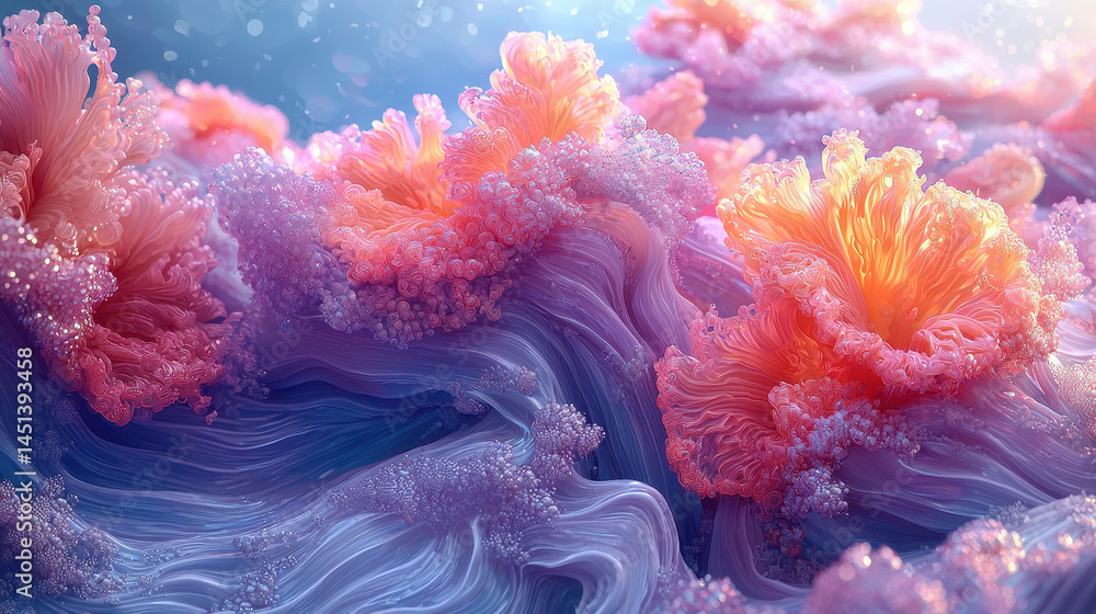 Poster a side view of a realistic 4k 3d background with expressive visuals shows pink and orange coral-like