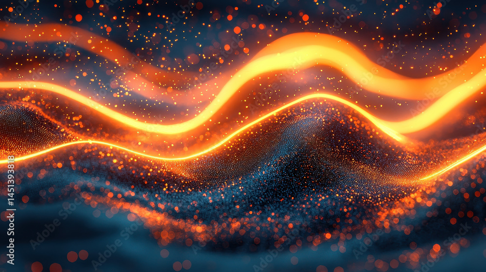 Poster a 4k realistic energetic 3d background shows side angle view of glowing orange waves and particles f