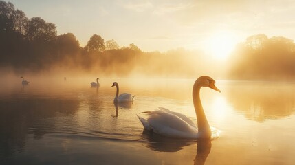 Fototapeta premium Majestic Swans at Golden Sunrise