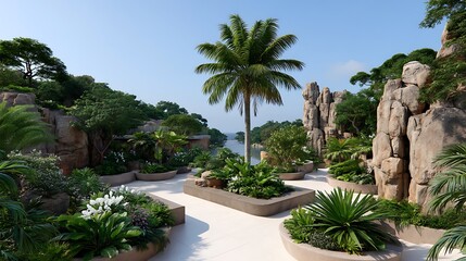 Fototapeta premium Serene Tropical Garden Landscape Design with Palm Trees and Stone Features