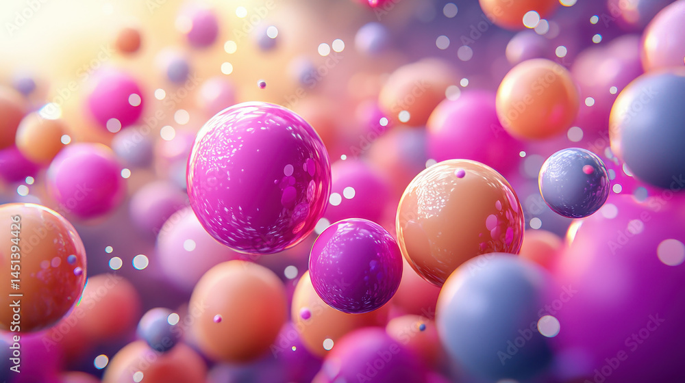 Poster 3d dynamic background features realistic spheres with vibrant colors and subtle light bokeh floating