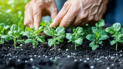 Elderly hands carefully tending young plants in a garden bed.
