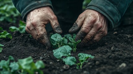 Close-up of hands tending to young plants in rich soil.