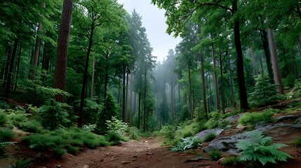 Fototapeta premium Serene Forest Path Misty Green Trees and Lush Undergrowth Nature Trail