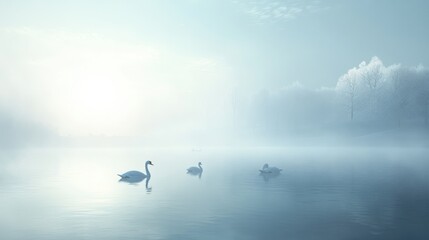 Serene Swans in Misty Lake: A Winter's Morning
