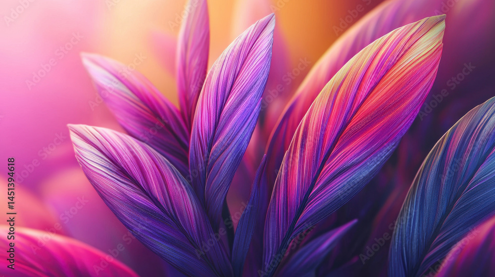 Poster dynamic 4k 3d render of colorful realistic leaves with vibrant purple and pink hues creating a creat