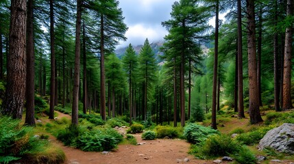 Obraz premium Serene Forest Path Lush Green Trees Winding Trail Mountain View Perfect for Hiking Nature and Relaxation