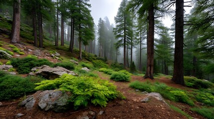 Fototapeta premium Serene Misty Forest Path Lush Green Vegetation and Tall Pine Trees on a Hillside