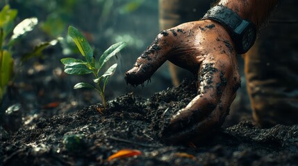 Close-up of a person's hand planting a young sapling.
