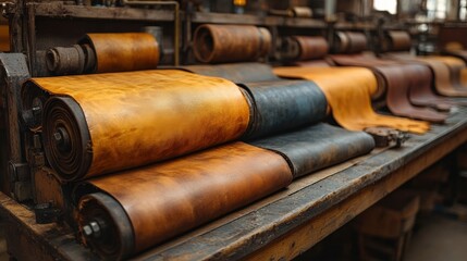 High quality leather rolls displayed in a craft workshop with rich textures