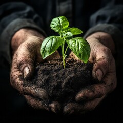 Hands holding a young plant in fertile soil.