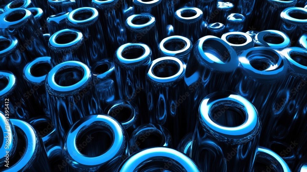 Poster a mesmerizing arrangement of shiny blue metallic cylinders creating a dynamic abstract scene