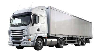 White modern European truck isolated on transparent background, Cargo cab and semi-trailer, concept of trucking, supply chain, transit, moving, shipping, delivery, front side view