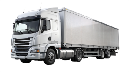 White modern European truck isolated on transparent background, Cargo cab and semi-trailer, concept of trucking, supply chain, transit, moving, shipping, delivery, front side view