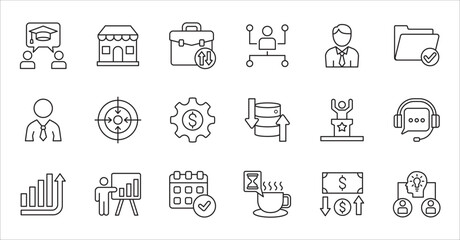 Business company icon set. Management icons. Contains symbol of finance, success, data, businessman, target, customer service, work, money, store, shop, meeting, education, idea. Vector illustration