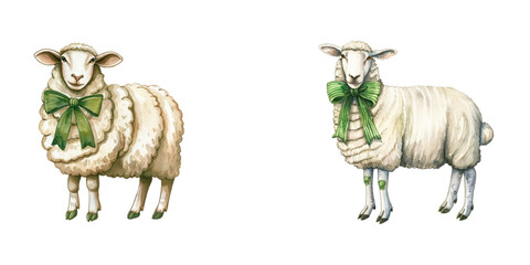 irish sheep wearing green bow watercolor vector illustration