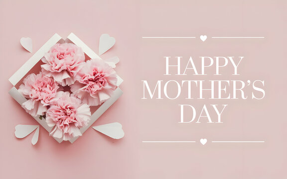 Happy Mothers Day text with white font and pink carnations on pastel background in modern card layout