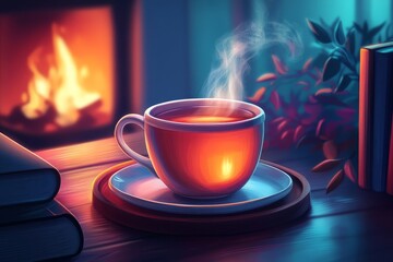 Obraz premium elegant vector illustration of a steaming cup of tea on a small tray, with a cozy background of books and a fireplace, Generative AI