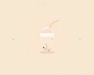 Minimalist vector art of a pearl milk tea float, adorable style, clean lines, pastel background.