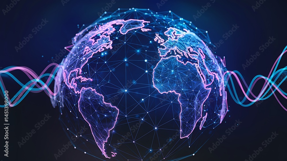 Poster futuristic digital globe with glowing network connections, representing global communication, data e