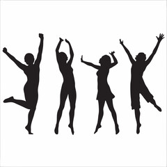 Four silhouetted figures joyfully leaping celebrating freedom and energy in a dynamic expressive dance pose against a