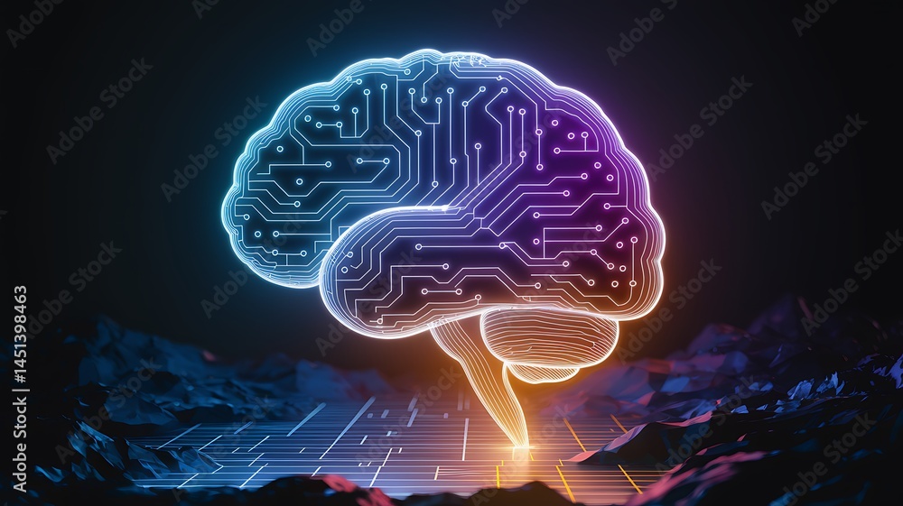 Poster glowing ai brain circuit design representing artificial intelligence, futuristic technology, neural 