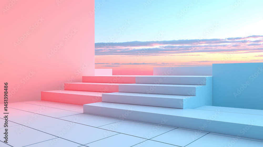 Poster a 3d realistic architectural scene showcases a smooth color transition from pink to blue under a bri
