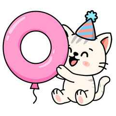 Cute Kawaii Cat Holding Number 0 Balloon - Adorable Cartoon Birthday Kitten Illustration with Party Hat