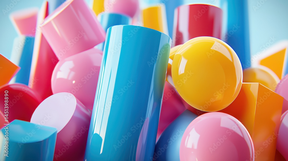 Poster a vividly colorful 3d background showcases realistic shapes in a 4k resolution from a side angle, cr