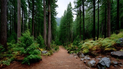 Fototapeta premium Serene Forest Path A Tranquil Nature Trail Winding Through Tall Evergreen Trees