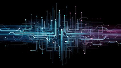 Obraz premium Abstract data visualization with glowing lines and dots on black background, symbolizing digital networks, big data, analytics, and futuristic technology concepts.